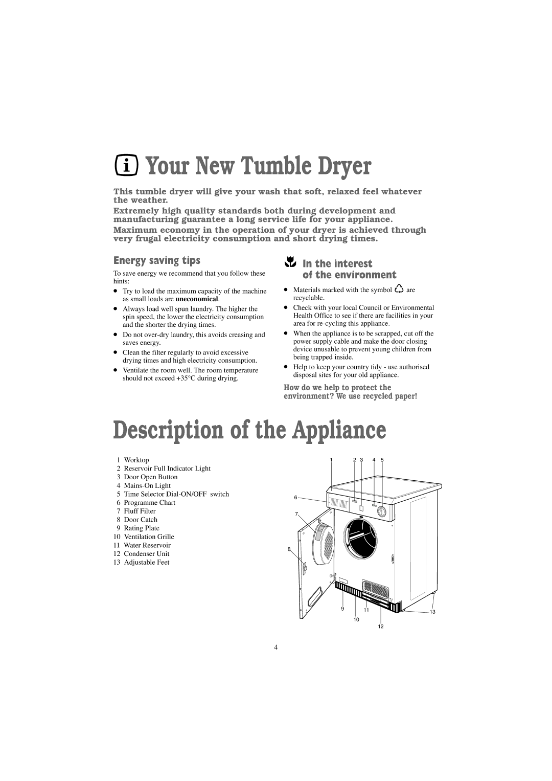 Zanussi TC 491 D manual Your New Tumble Dryer, Description of the Appliance, Energy saving tips, Interest Environment 