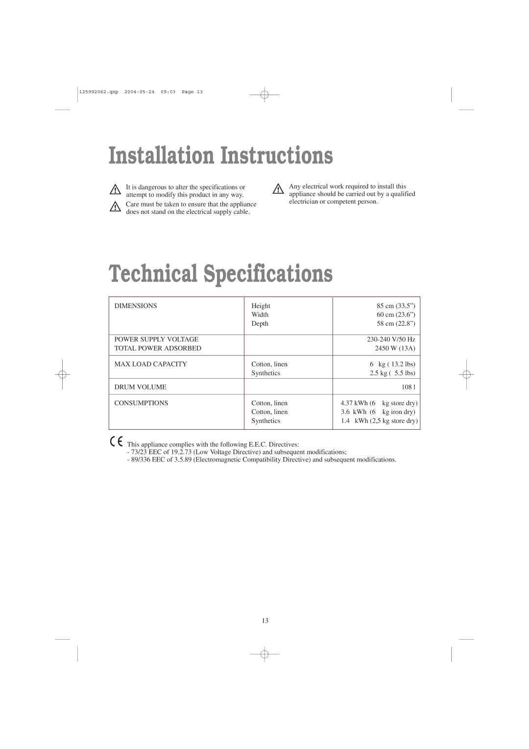 Zanussi TC 7102 S, TC 7102 W manual Installation Instructions, Technical Specifications 