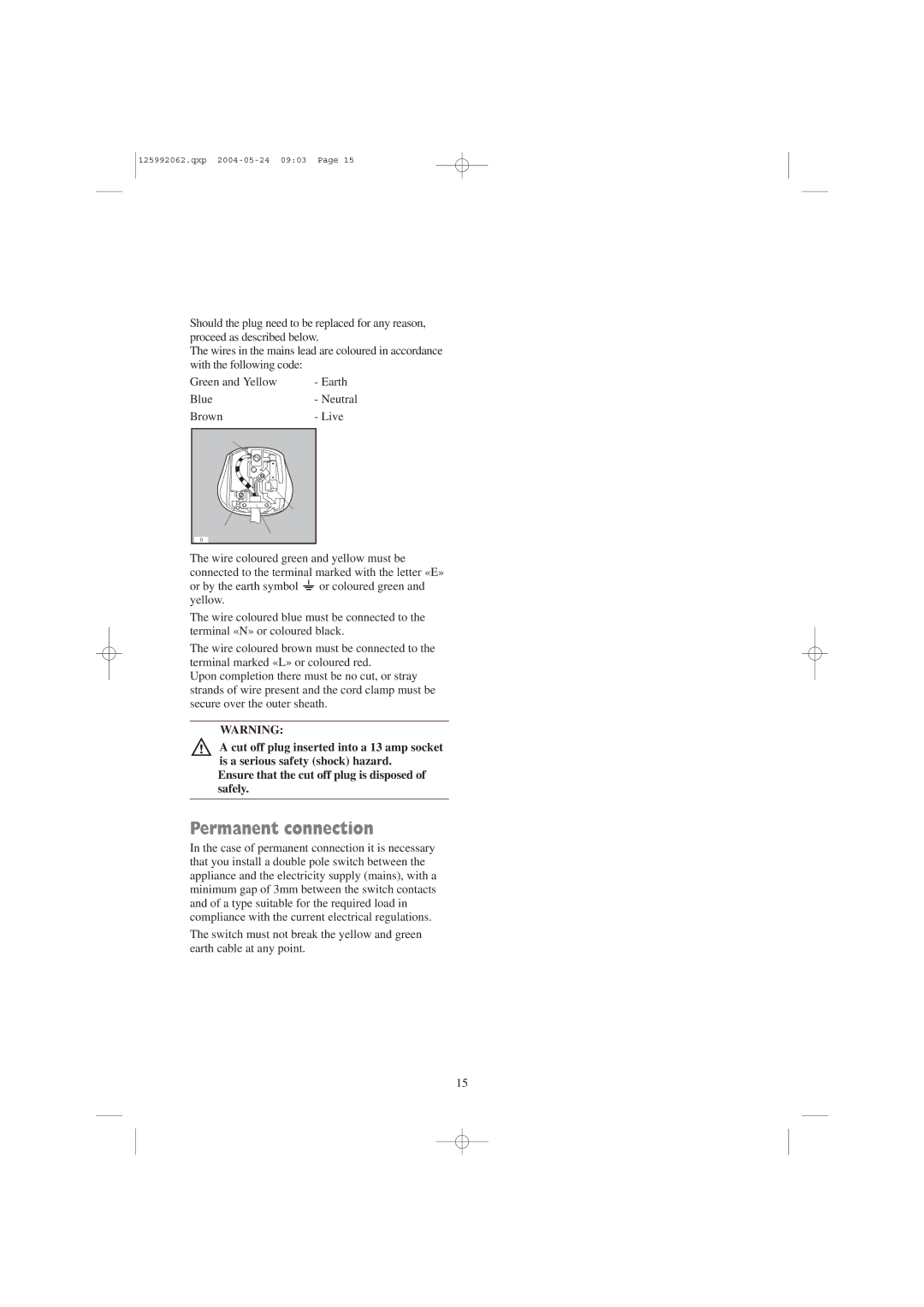 Zanussi TC 7102 S, TC 7102 W manual Permanent connection 