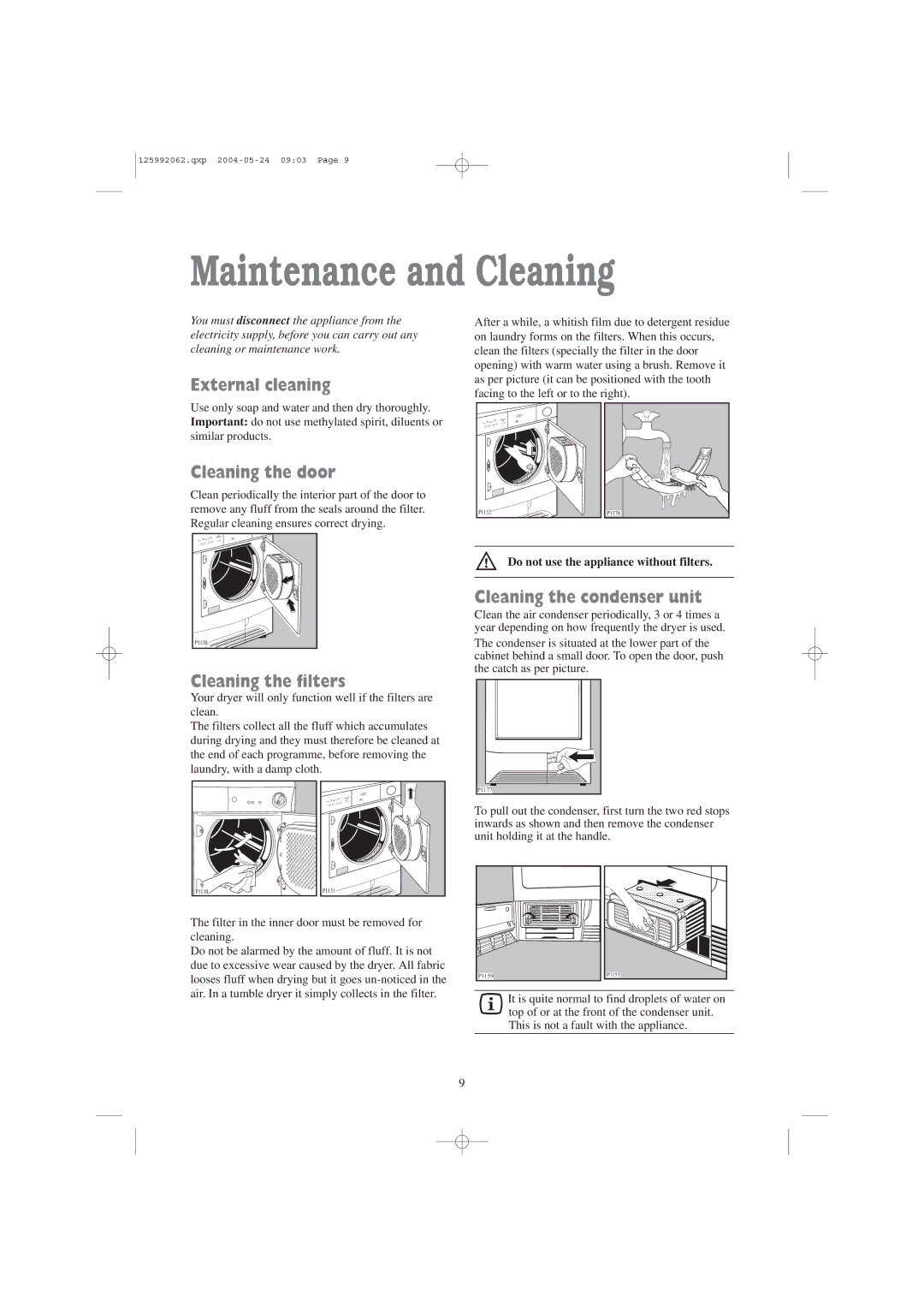 Zanussi TC 7102 S, TC 7102 W manual Maintenance and Cleaning, External cleaning, Cleaning the door, Cleaning the filters 