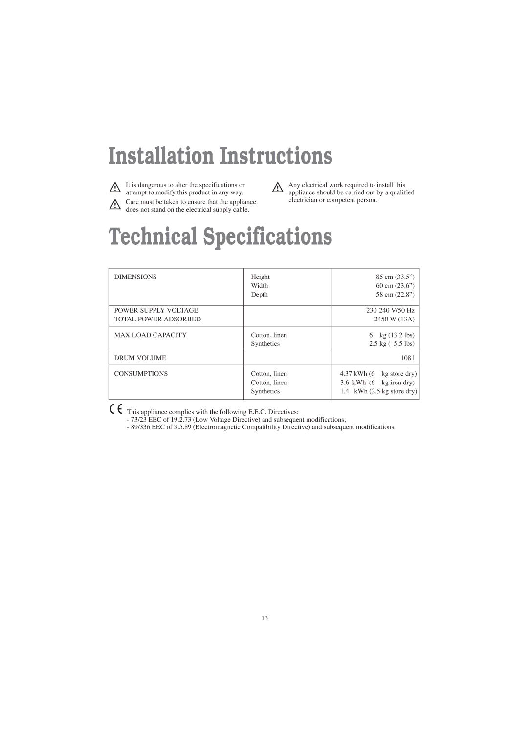 Zanussi TC 7103 S manual Installation Instructions, Technical Specifications 