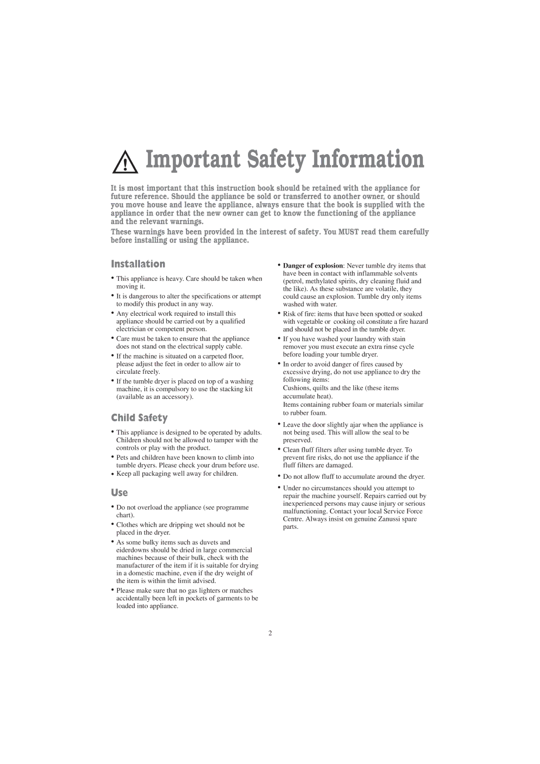 Zanussi TC 7103 S manual Installation, Child Safety, Use 