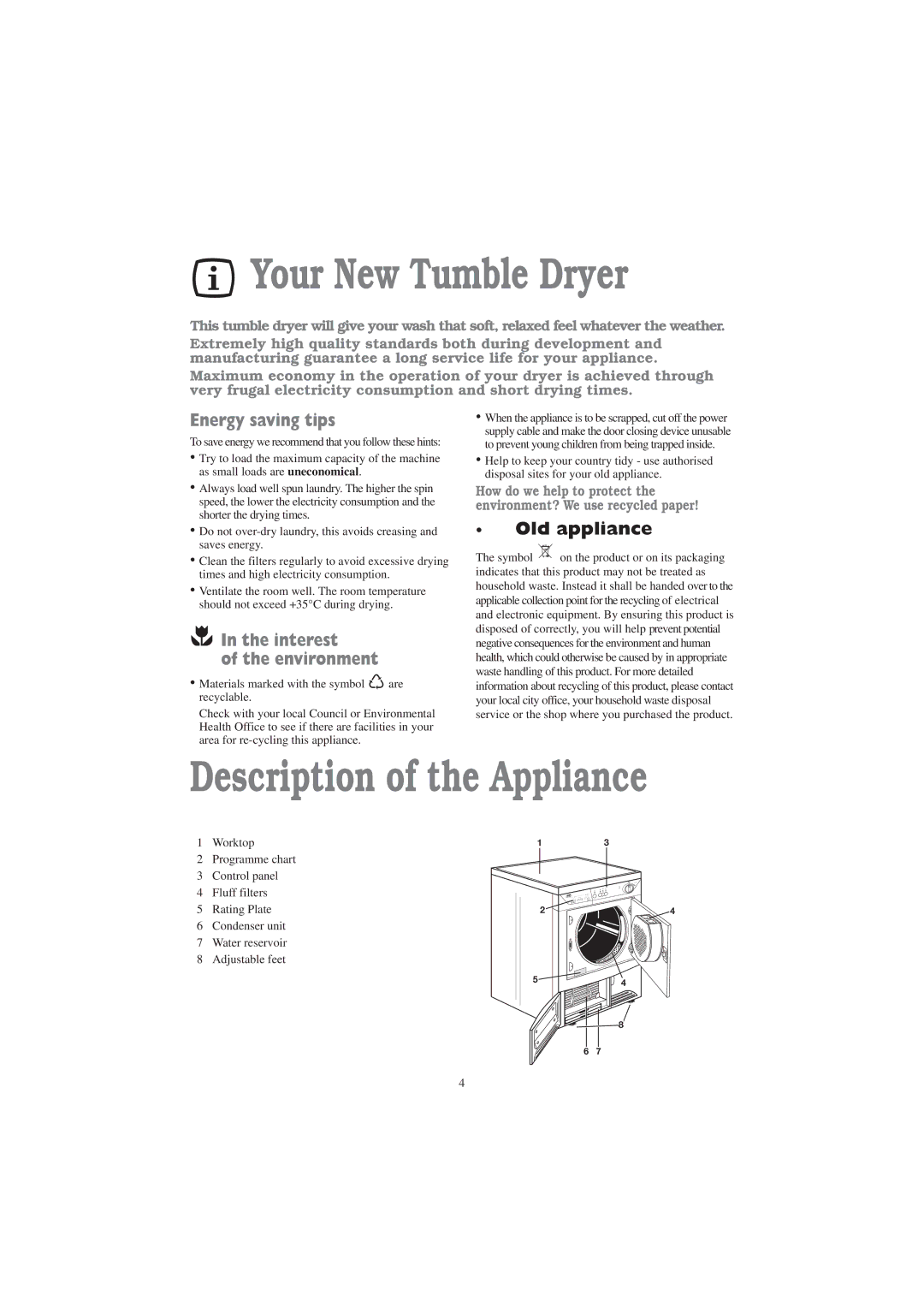 Zanussi TC 7103 S manual Your New Tumble Dryer, Description of the Appliance, Energy saving tips, Interest Environment 