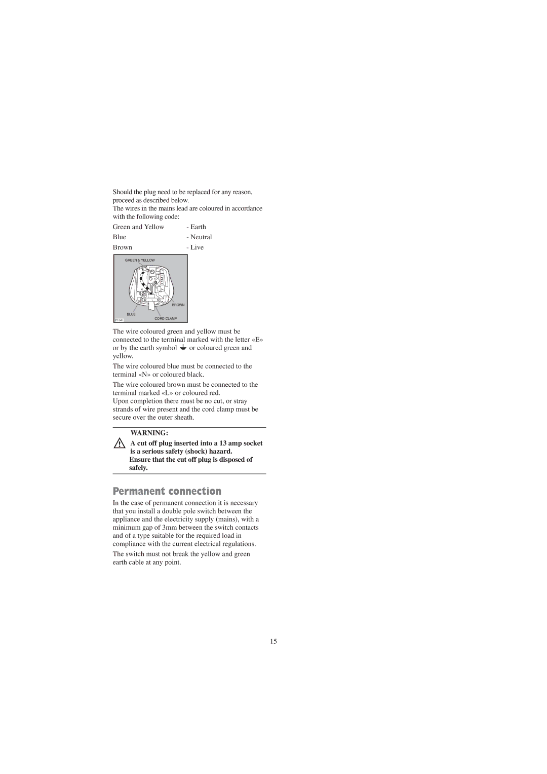 Zanussi TC 7103 W manual Permanent connection 