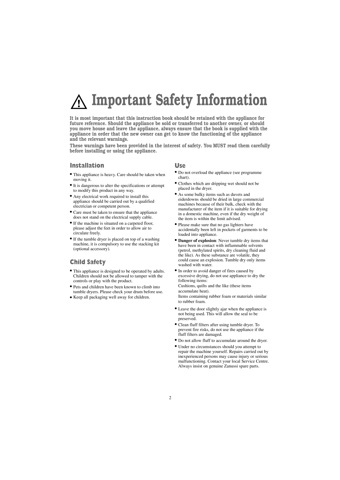 Zanussi TC 7114 S, TC 7114 W manual Installation, Child Safety, Use 