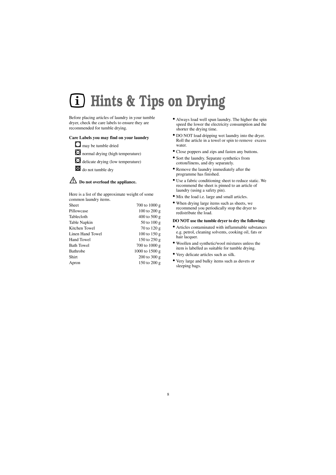 Zanussi TC 7114 S manual Hints & Tips on Drying, Care Labels you may find on your laundry, Do not overload the appliance 