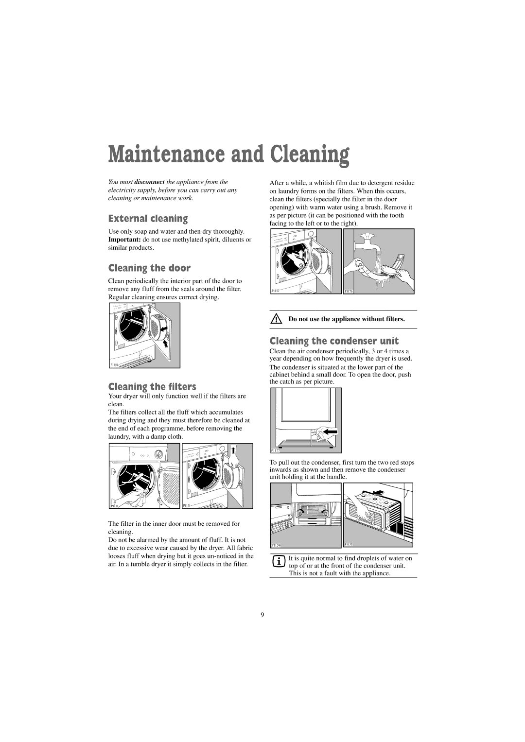 Zanussi TC 7114 W, TC 7114 S manual Maintenance and Cleaning, External cleaning, Cleaning the door, Cleaning the filters 