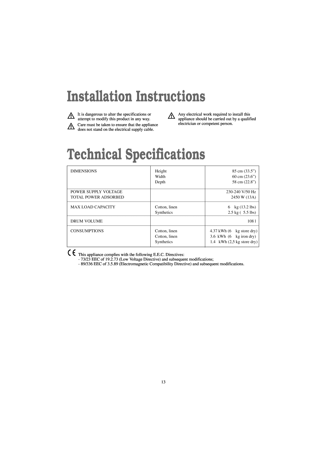 Zanussi TC 7114 W, TC 7114 S manual Installation Instructions, Technical Specifications 