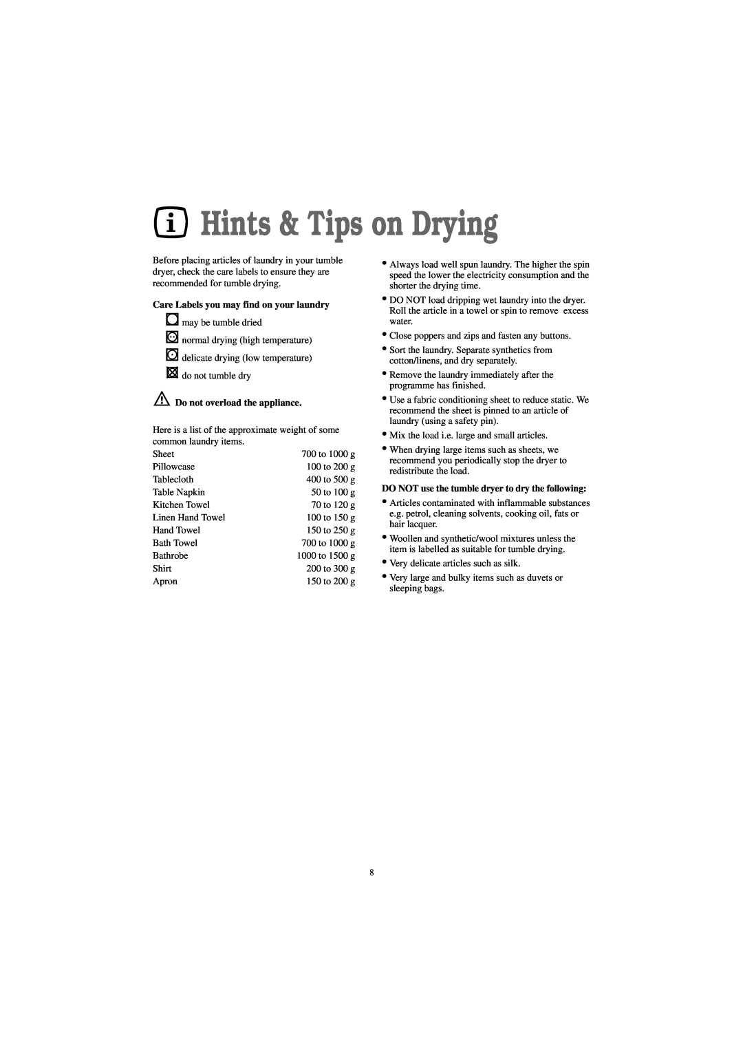 Zanussi TC 7114 S manual Hints & Tips on Drying, Care Labels you may find on your laundry, Do not overload the appliance 