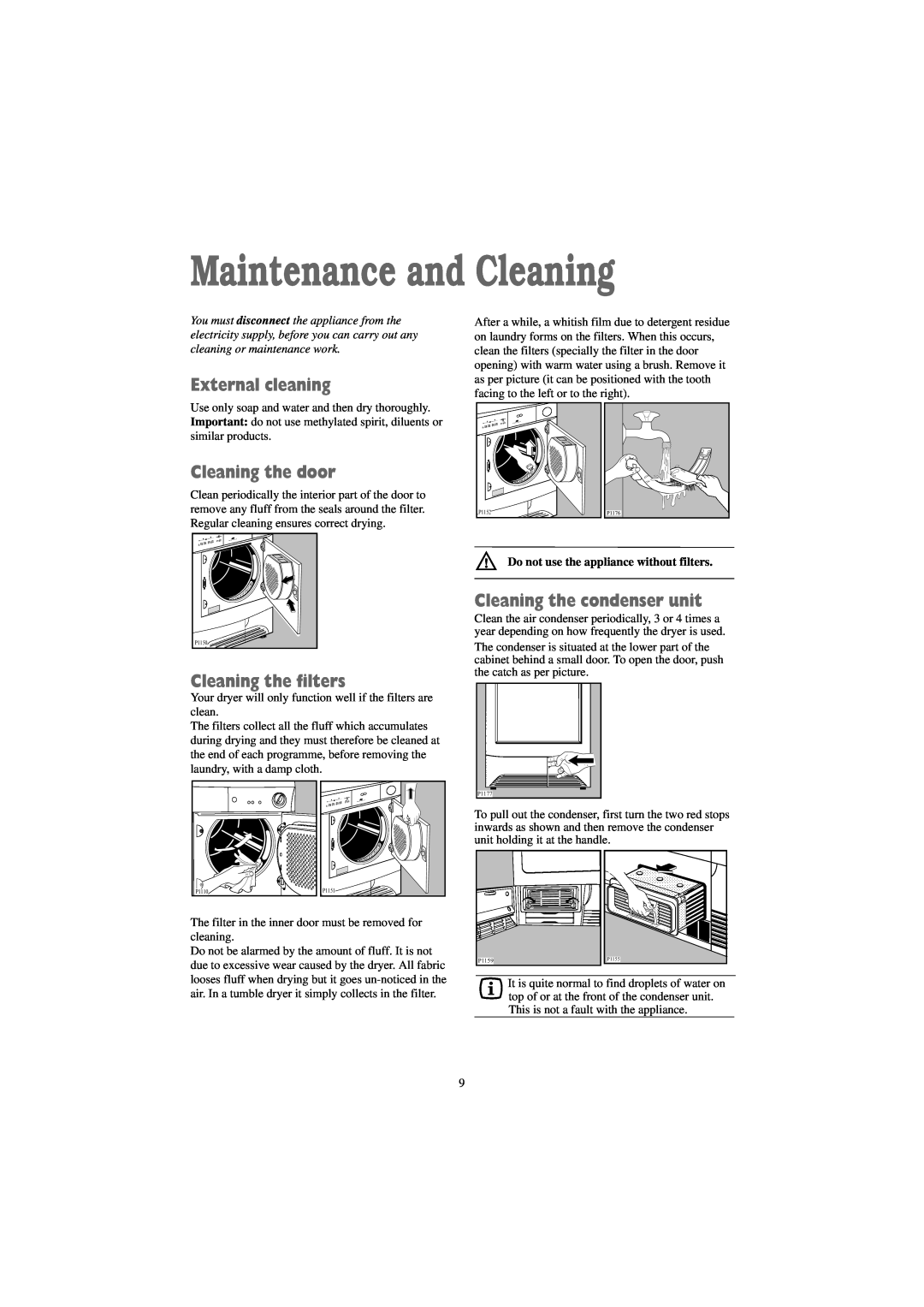 Zanussi TC 7114 W, TC 7114 S manual Maintenance and Cleaning, External cleaning, Cleaning the door, Cleaning the filters 