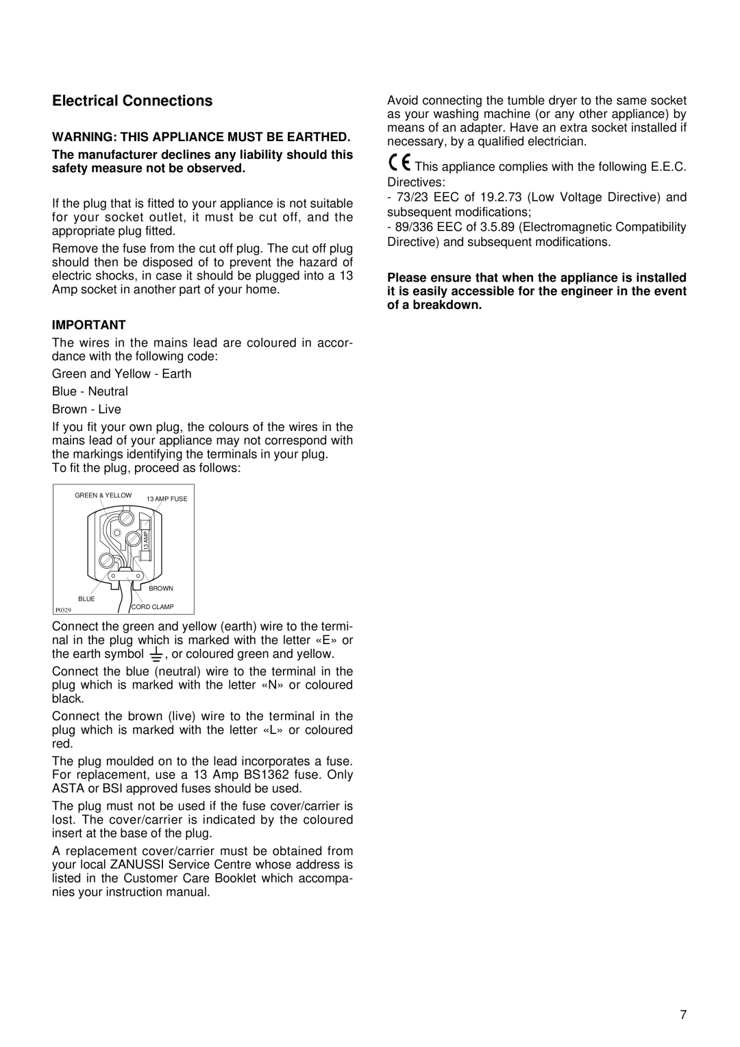 Zanussi Washer/Dryer, TC470, 436 manual Electrical Connections 