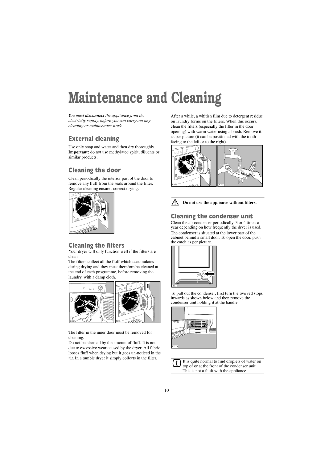 Zanussi TCE 7124 W manual Maintenance and Cleaning, External cleaning, Cleaning the door, Cleaning the filters 