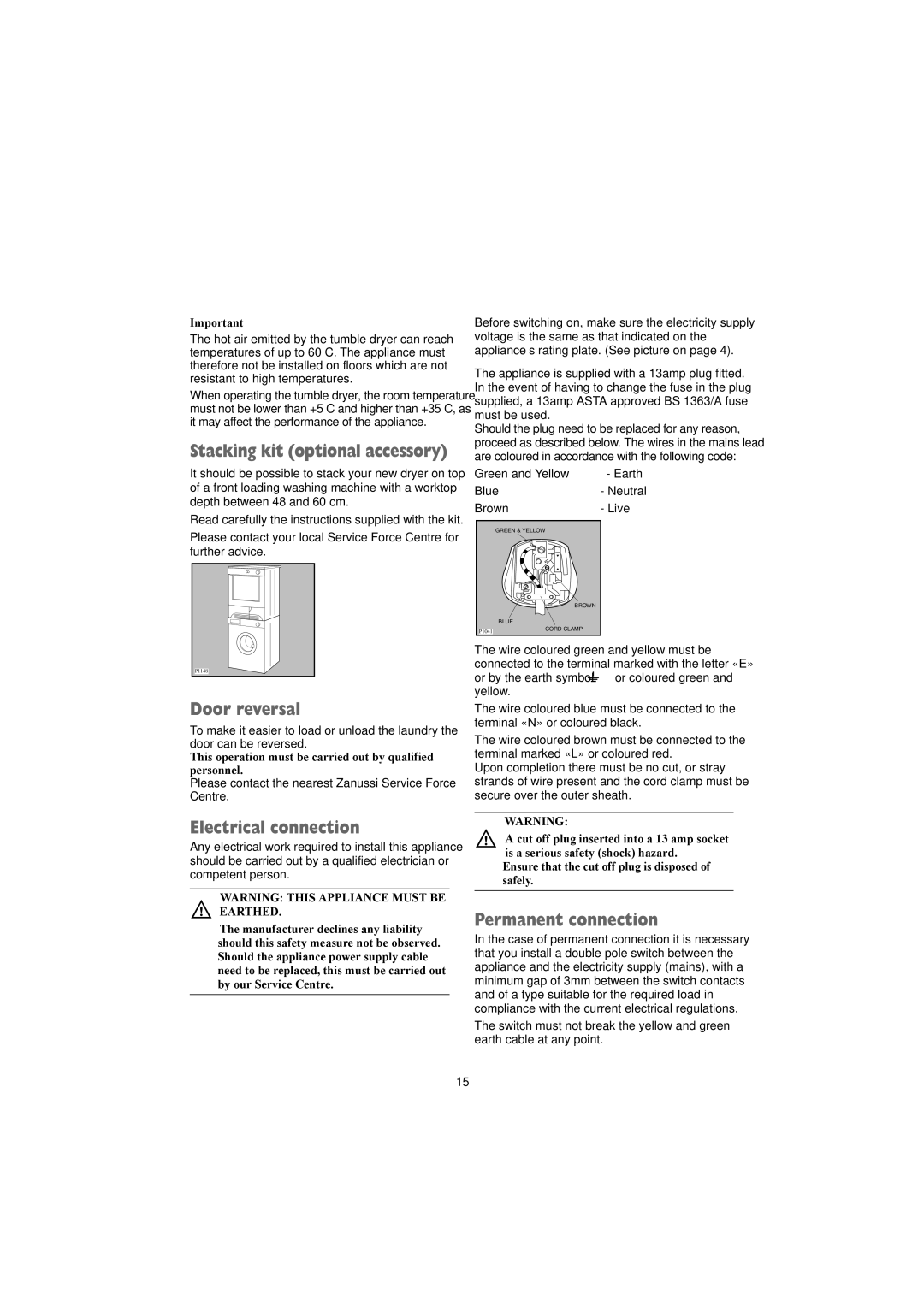 Zanussi TCE 7124 W manual Door reversal, Electrical connection, Permanent connection 