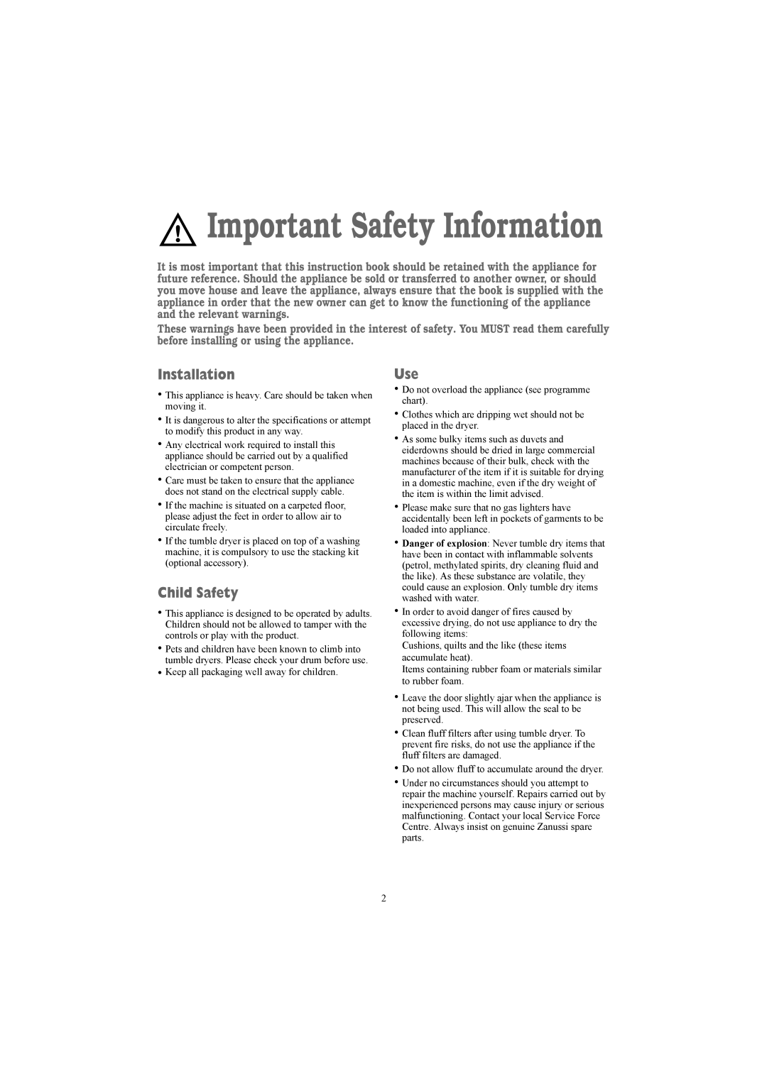 Zanussi TCE 7124 W manual Installation, Child Safety, Use 