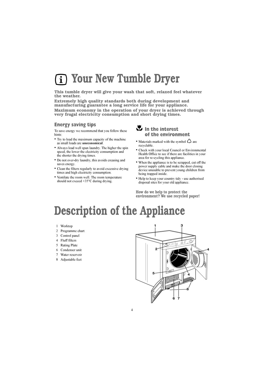 Zanussi TCE 7124 W manual Your New Tumble Dryer, Description of the Appliance, Energy saving tips, Interest Environment 