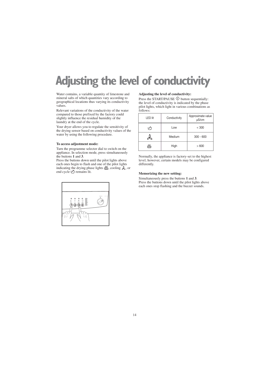 Zanussi TCE 7127 W manual To access adjustment mode, Adjusting the level of conductivity, Memorizing the new setting 