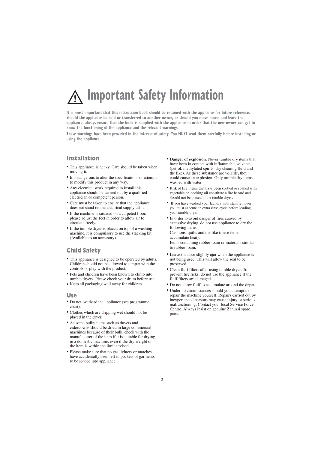 Zanussi TCE 7127 W manual Installation, Child Safety, Use 