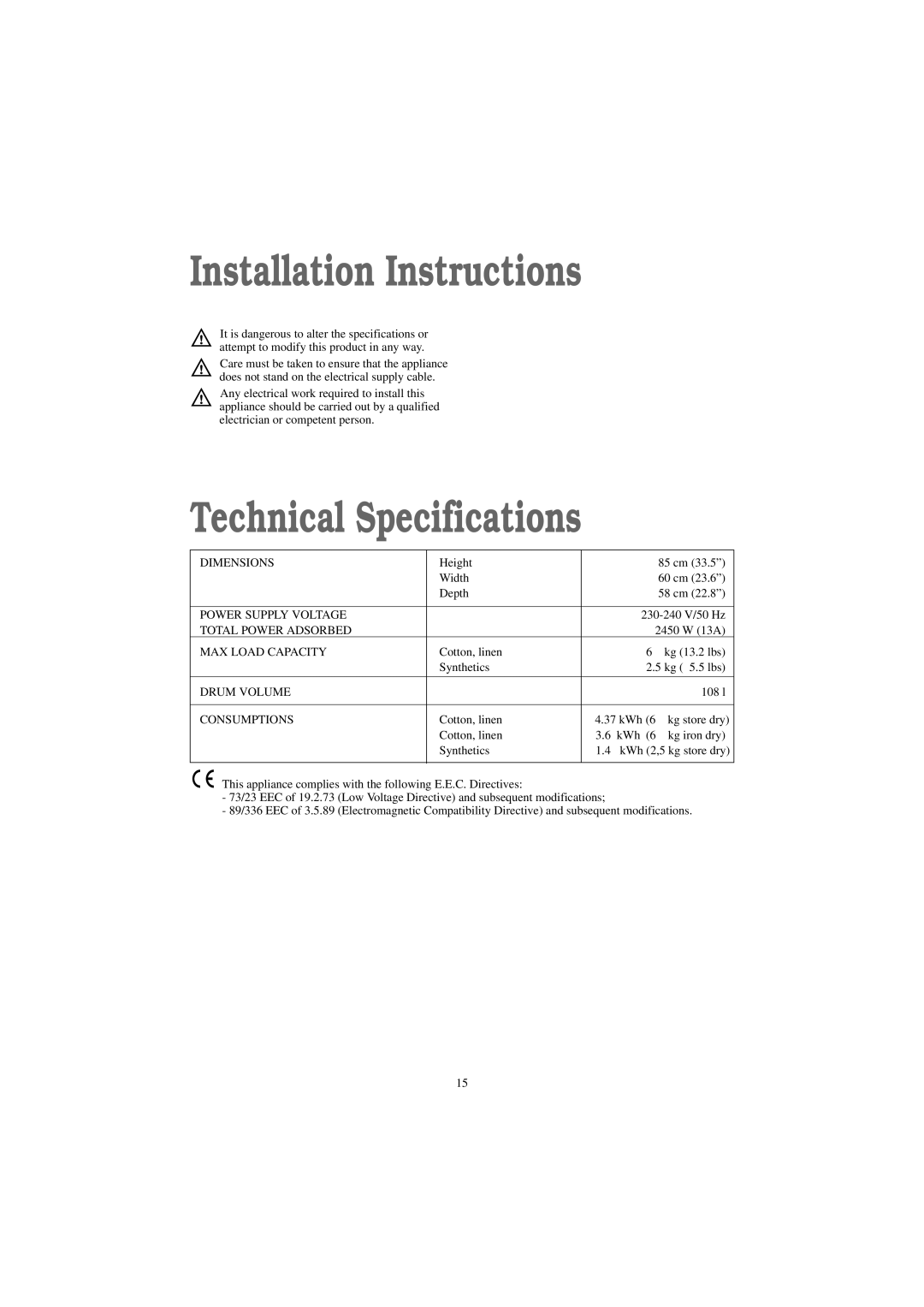 Zanussi TCE 7276 W manual Installation Instructions, Technical Specifications 