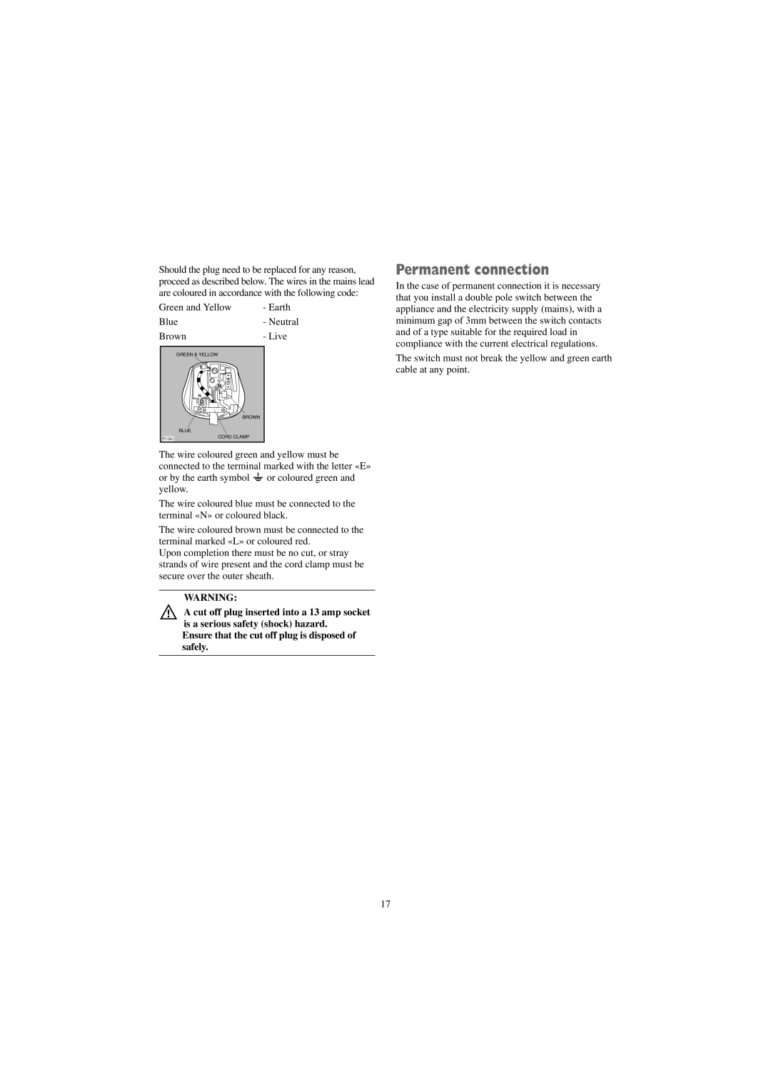 Zanussi TCE 7276 W manual Permanent connection 