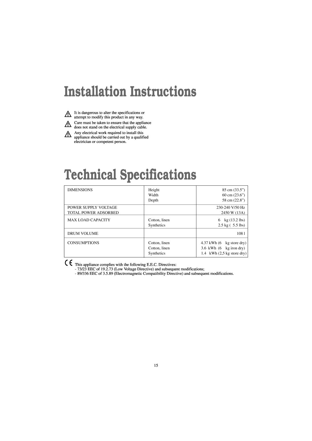 Zanussi TCE 7276 W manual Installation Instructions, Technical Specifications 