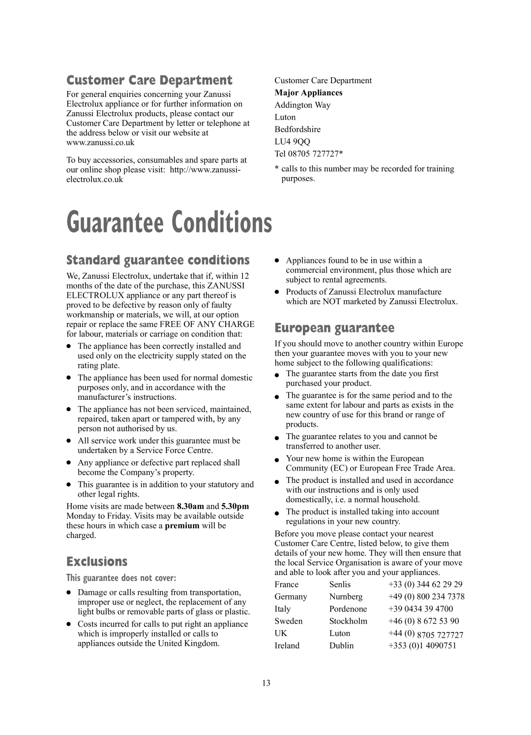 Zanussi TCE7227W manual Guarantee Conditions, Customer Care Department, Standard guarantee conditions, Exclusions 