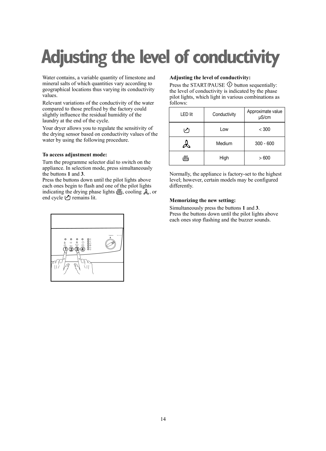 Zanussi TCE7227W manual To access adjustment mode, Adjusting the level of conductivity, Memorizing the new setting 