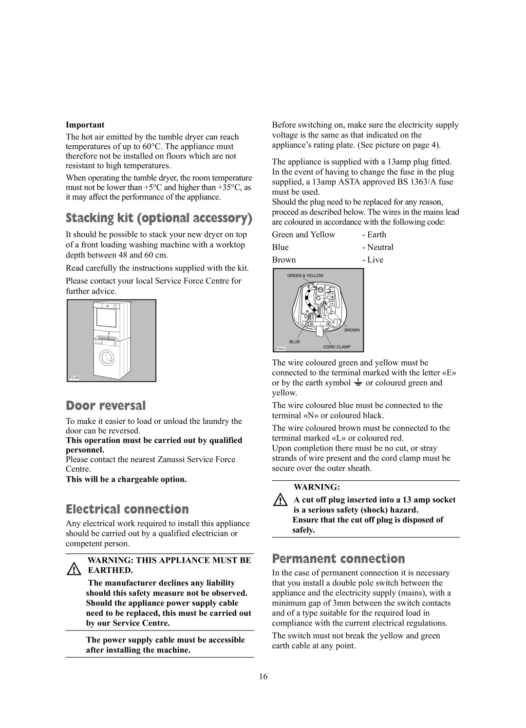 Zanussi TCE7227W manual Door reversal, Electrical connection, Permanent connection, This will be a chargeable option 