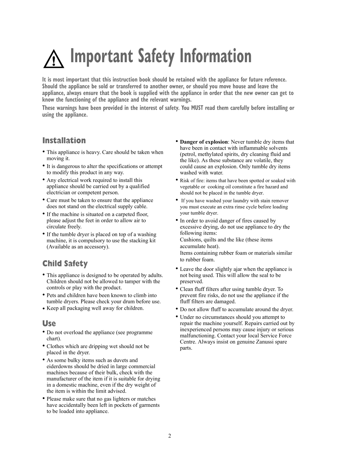 Zanussi TCE7227W manual Installation, Child Safety, Use 