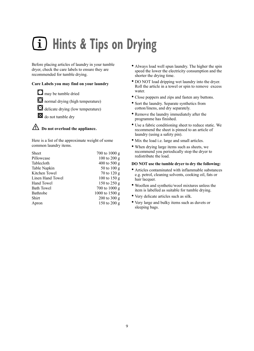 Zanussi TCE7227W manual Hints & Tips on Drying, Care Labels you may find on your laundry, Do not overload the appliance 