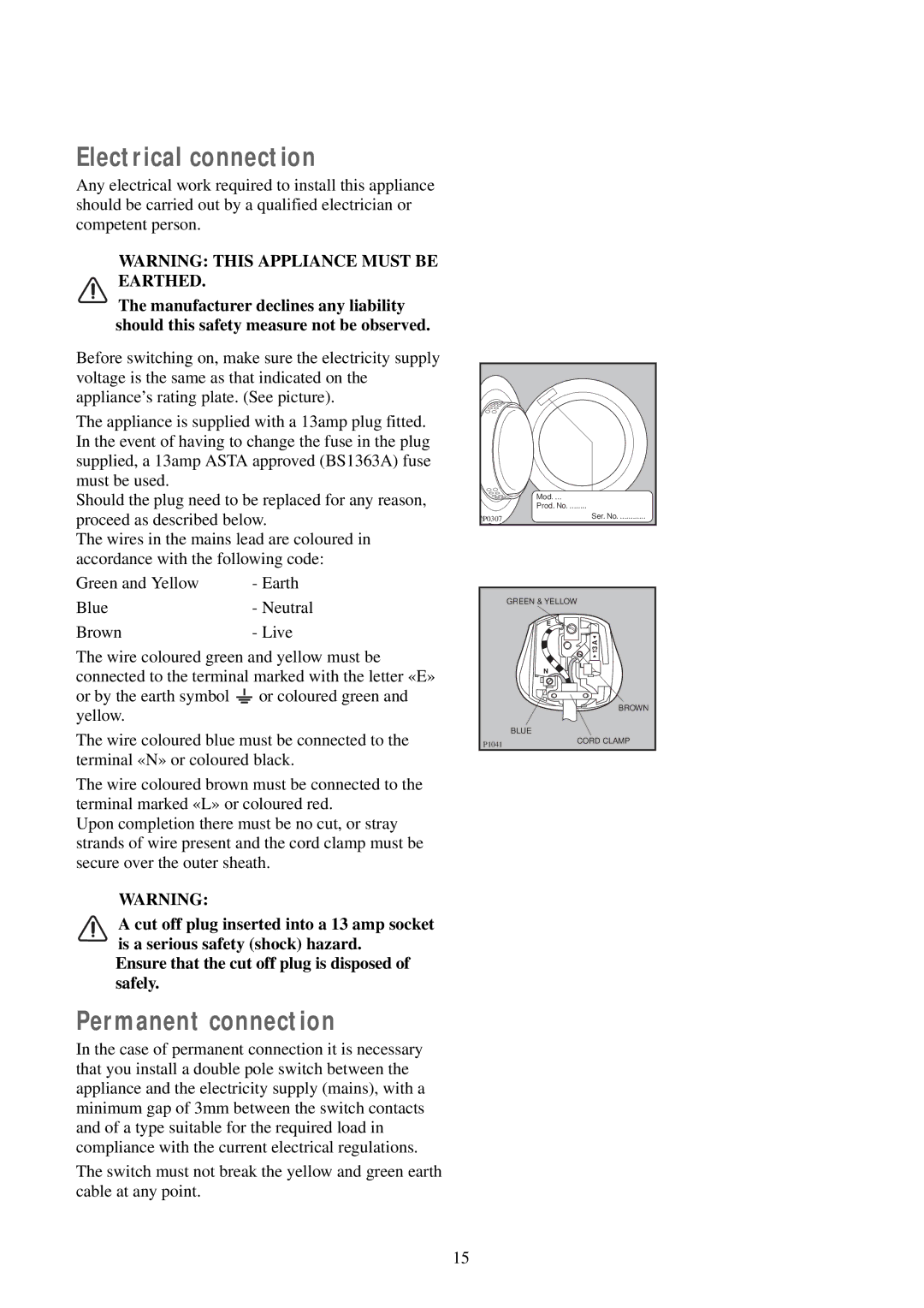 Zanussi TCS 584 EW manual Electrical connection, Permanent connection 