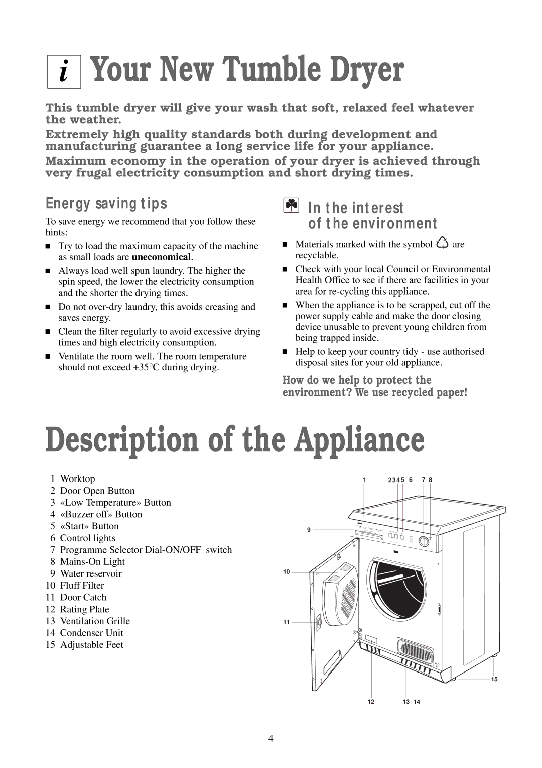 Zanussi TCS 584 EW manual Your New Tumble Dryer, Description of the Appliance, Energy saving tips, Interest Environment 