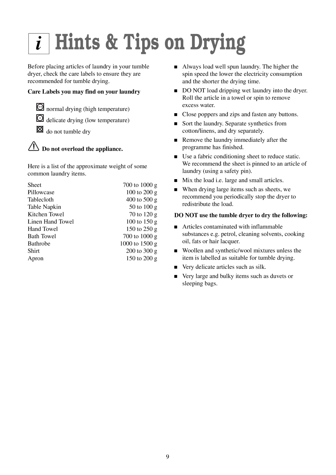 Zanussi TCS 584 EW manual Hints & Tips on Drying, Care Labels you may find on your laundry, Do not overload the appliance 