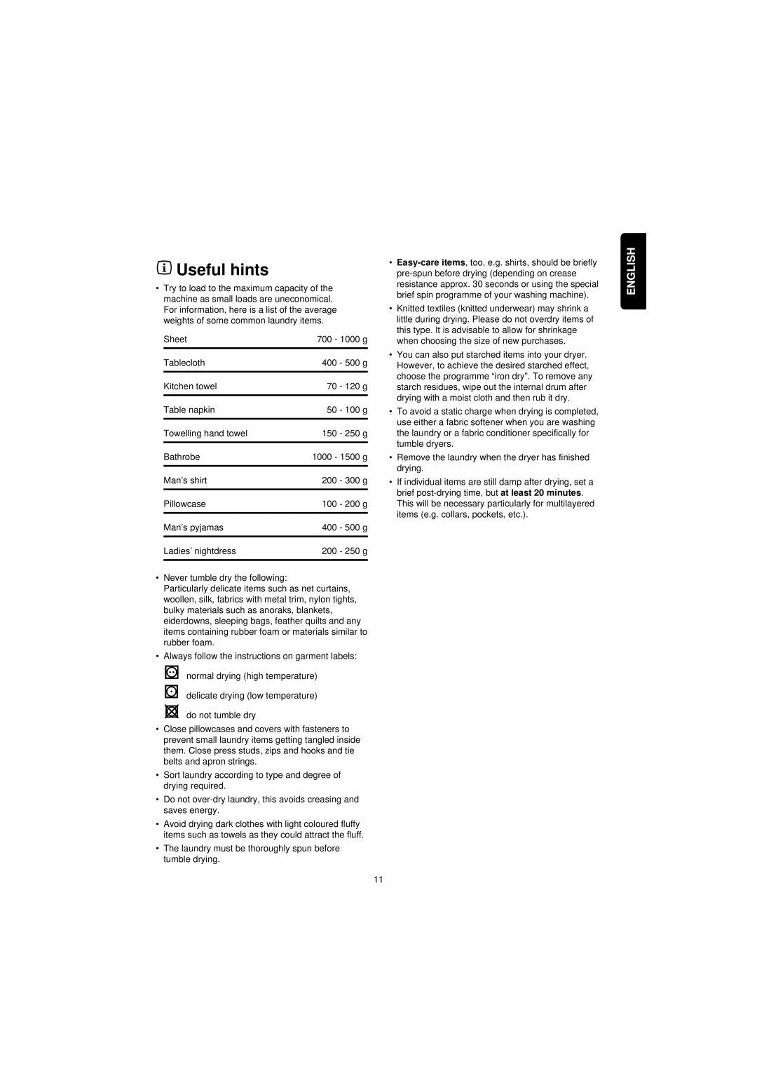 Zanussi TCS 603 LT manual Useful hints 