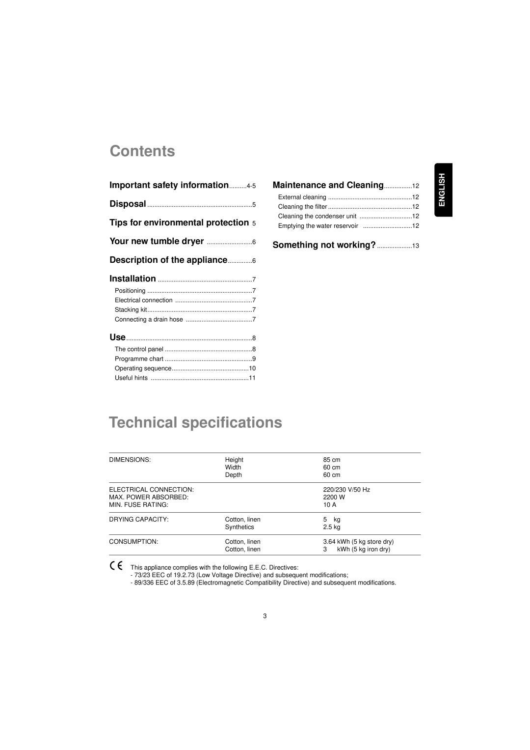 Zanussi TCS 603 LT manual Contents, Technical specifications 