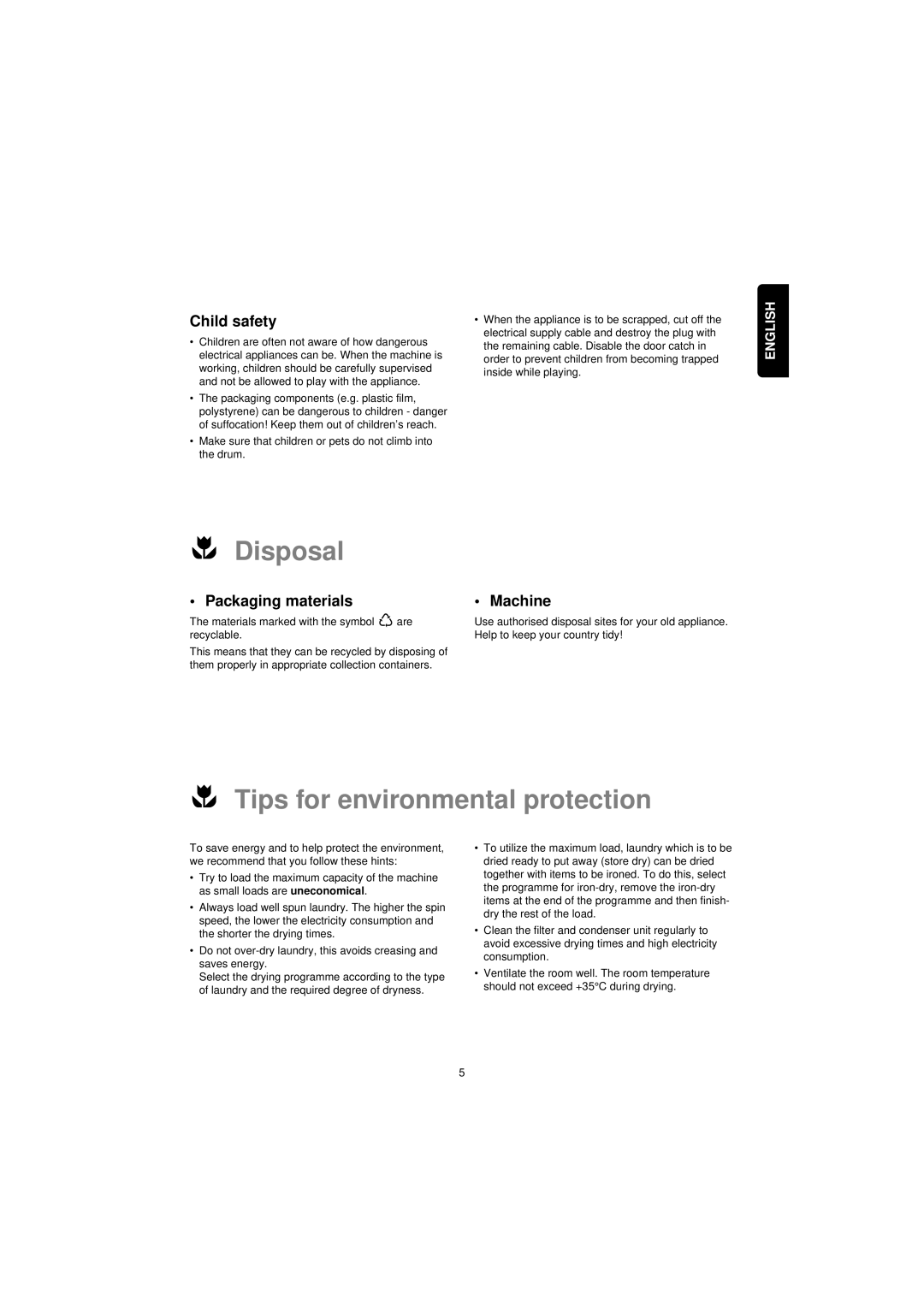 Zanussi TCS 603 LT manual Disposal, Tips for environmental protection, Child safety, Packaging materials, Machine 