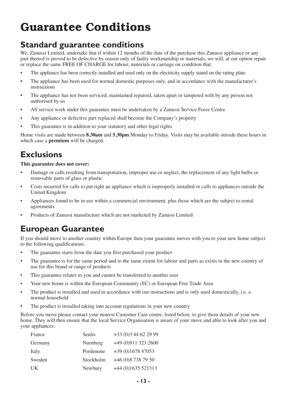 Zanussi TCS 65W manual Guarantee Conditions, Standard guarantee conditions 