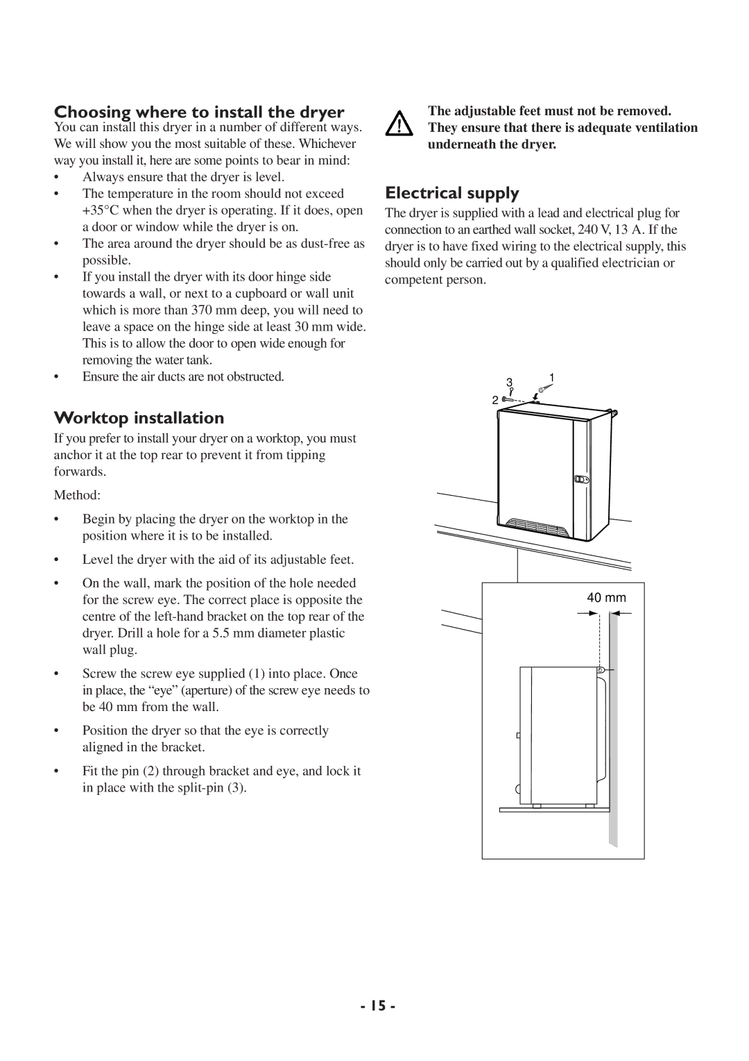 Zanussi TCS 65W manual Choosing where to install the dryer, Worktop installation, Electrical supply 