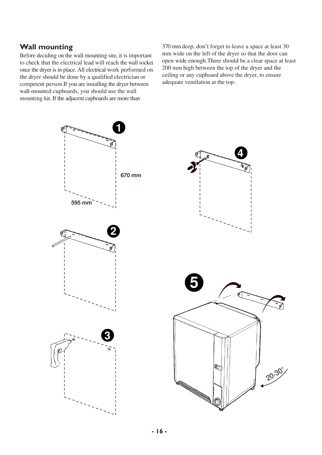 Zanussi TCS 65W manual Wall mounting 