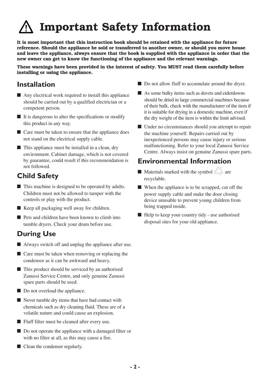 Zanussi TCS 65W manual Important Safety Information, Installation 