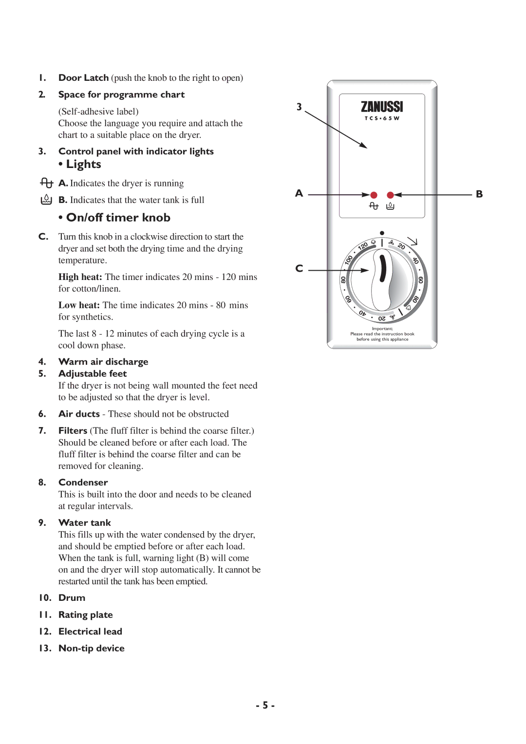 Zanussi TCS 65W manual Lights, On/off timer knob 