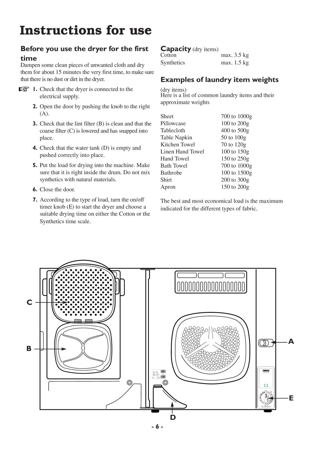 Zanussi TCS 65W manual Instructions for use, Before you use the dryer for the first time, Examples of laundry item weights 