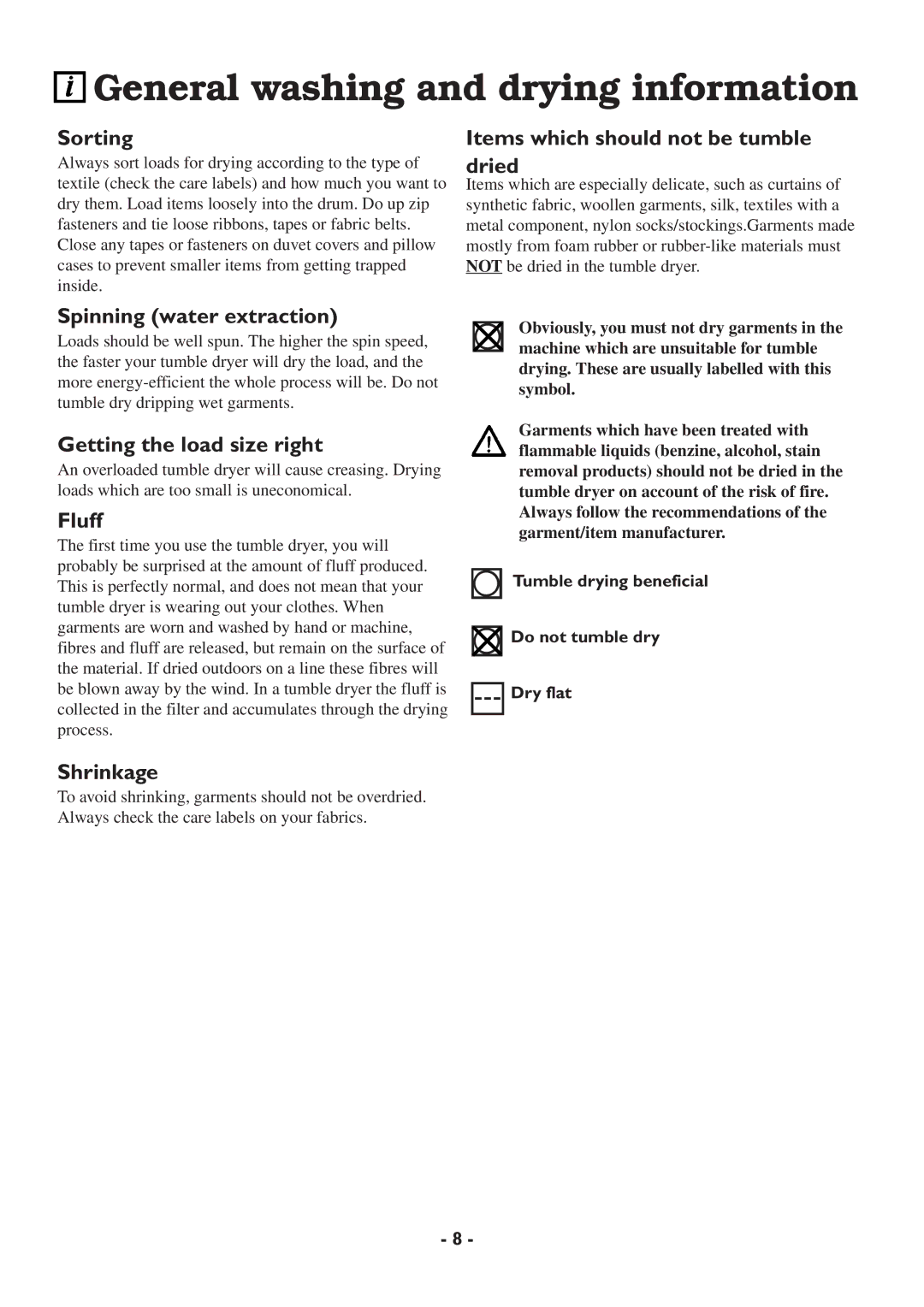 Zanussi TCS 65W manual General washing and drying information 