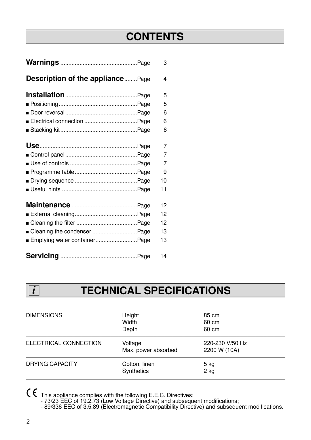 Zanussi TCS 674 E instruction manual Technical Specifications, Contents 