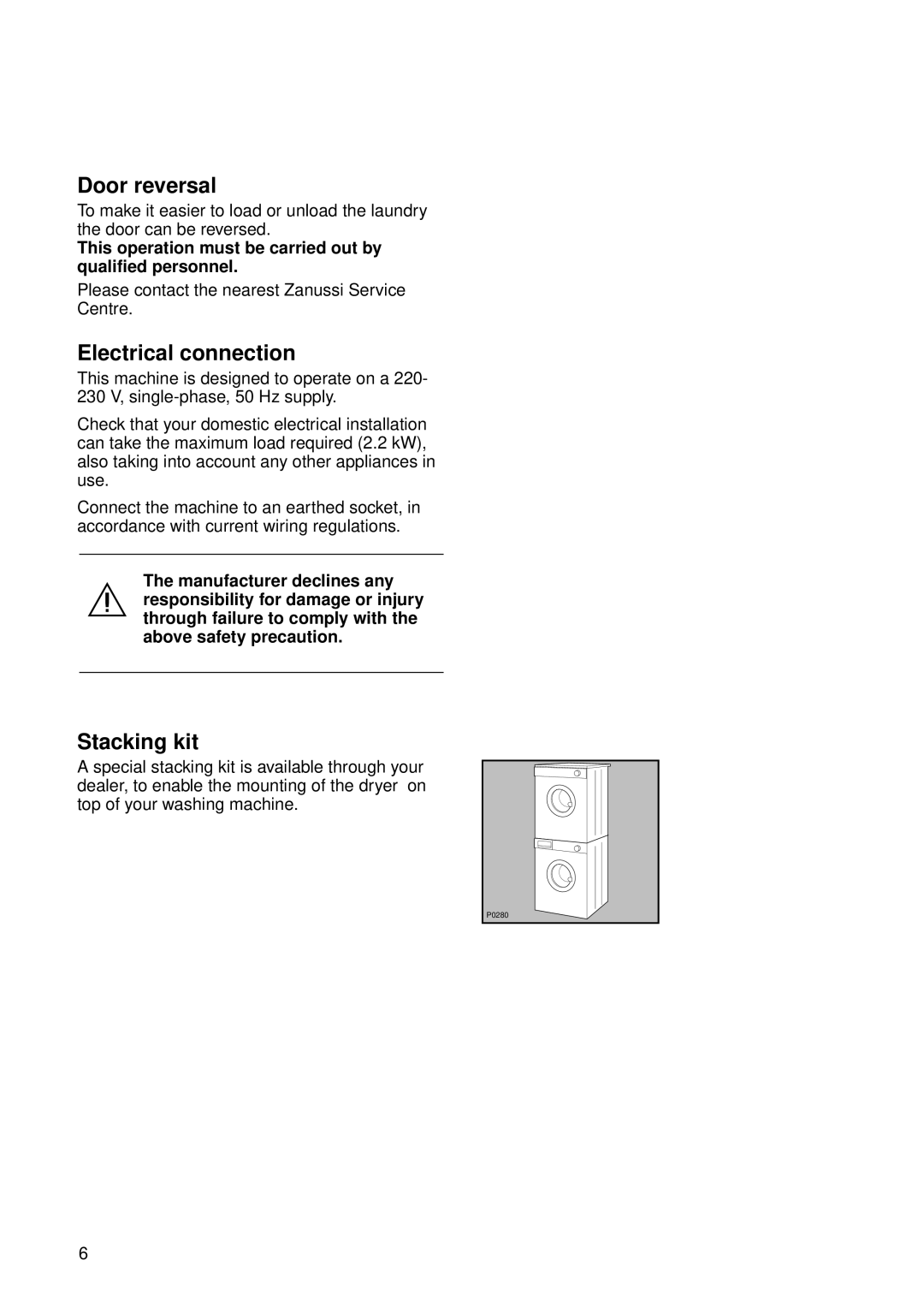 Zanussi TCS 674 E instruction manual Door reversal, Electrical connection, Stacking kit 