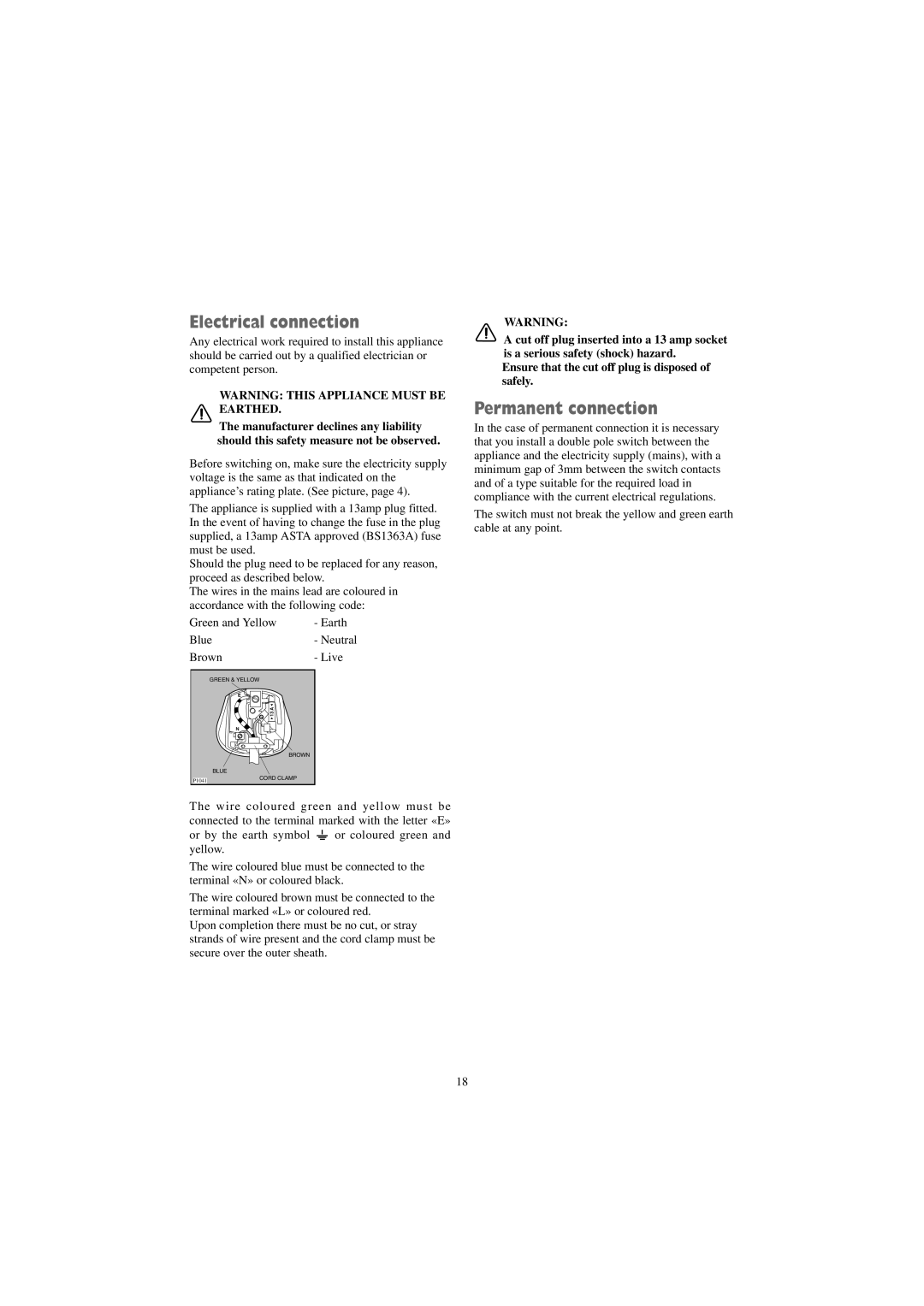 Zanussi TCS 675 EW manual Electrical connection, Permanent connection 