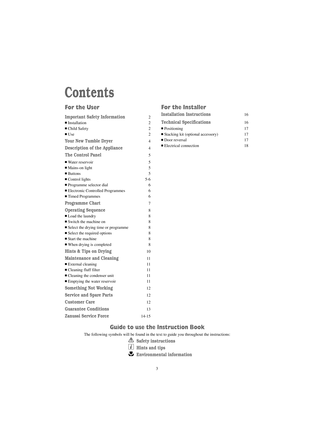 Zanussi TCS 675 EW manual Contents 