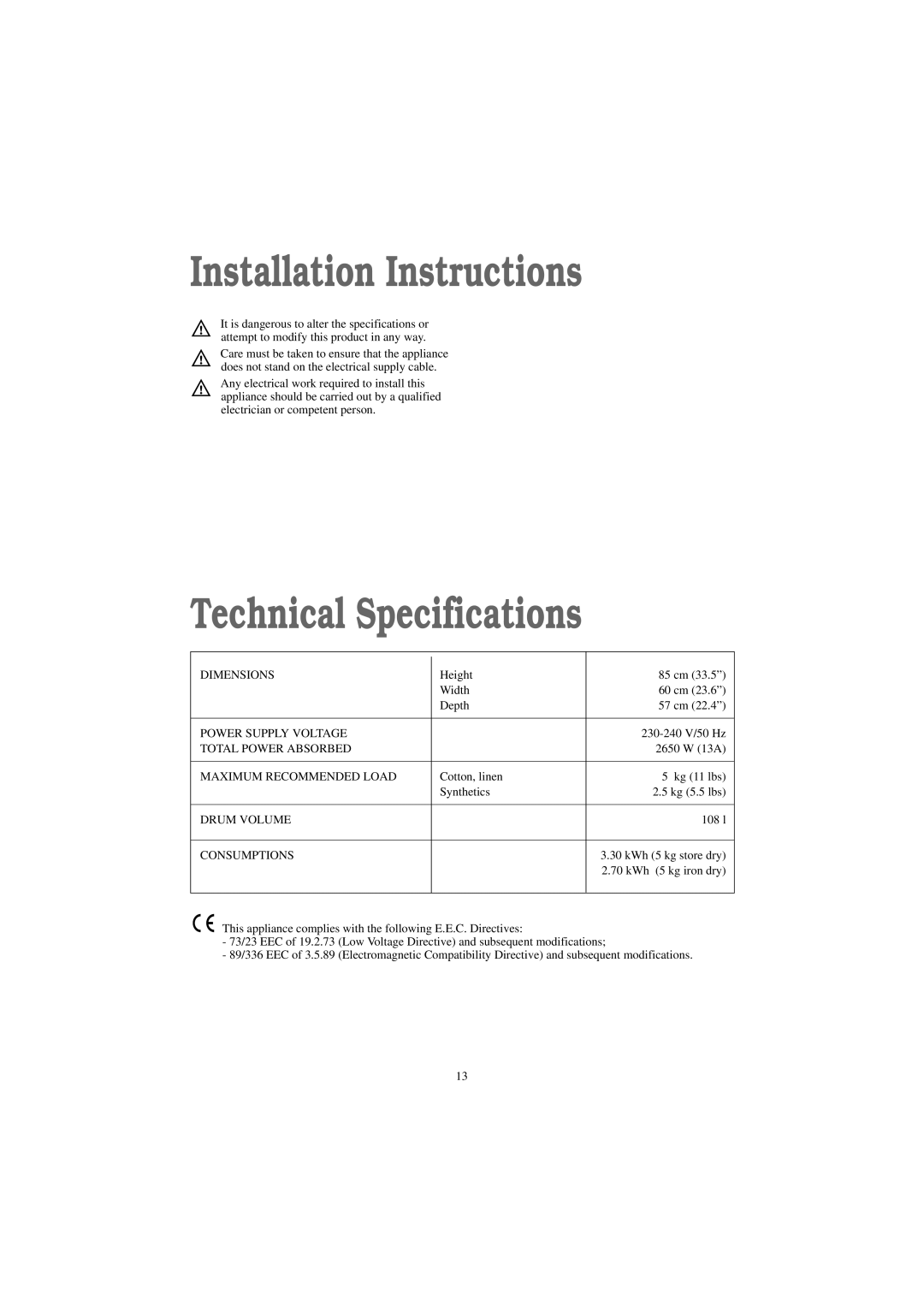 Zanussi TD 4100 W manual Installation Instructions, Technical Specifications 