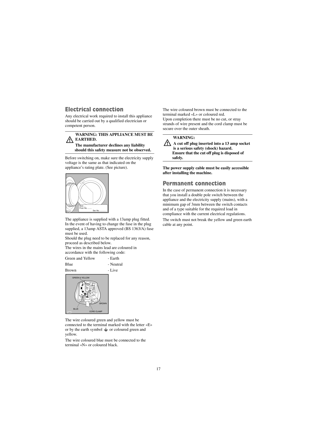 Zanussi TD 4100 W manual Electrical connection, Permanent connection 