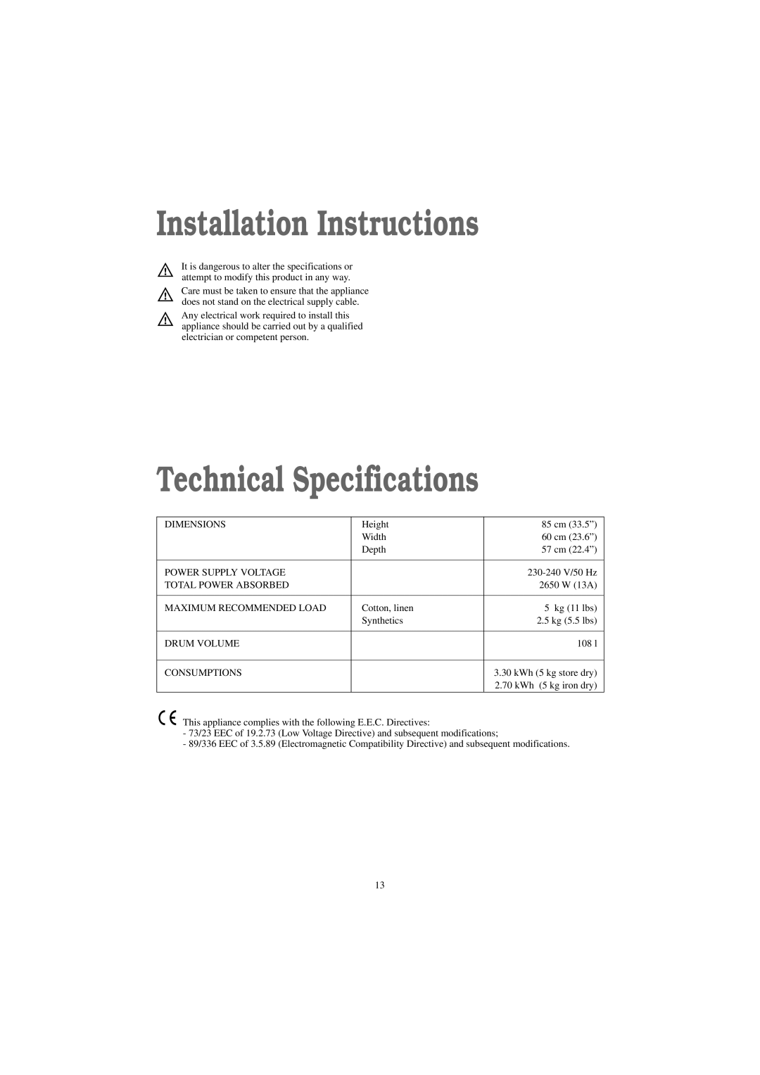 Zanussi TD 4112 W manual Installation Instructions, Technical Specifications 