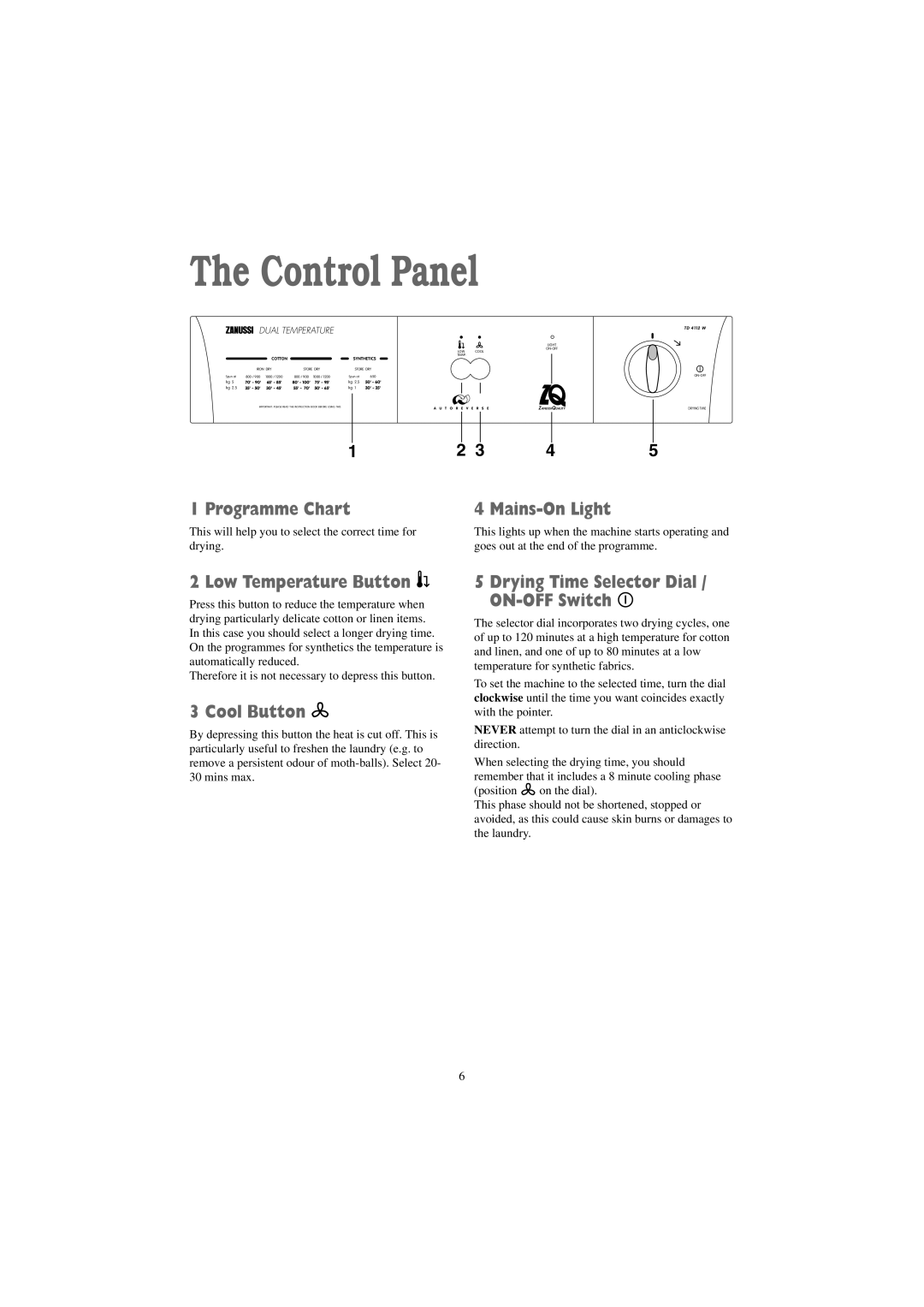 Zanussi TD 4112 W manual Control Panel, Programme Chart, Low Temperature Button, Cool Button 